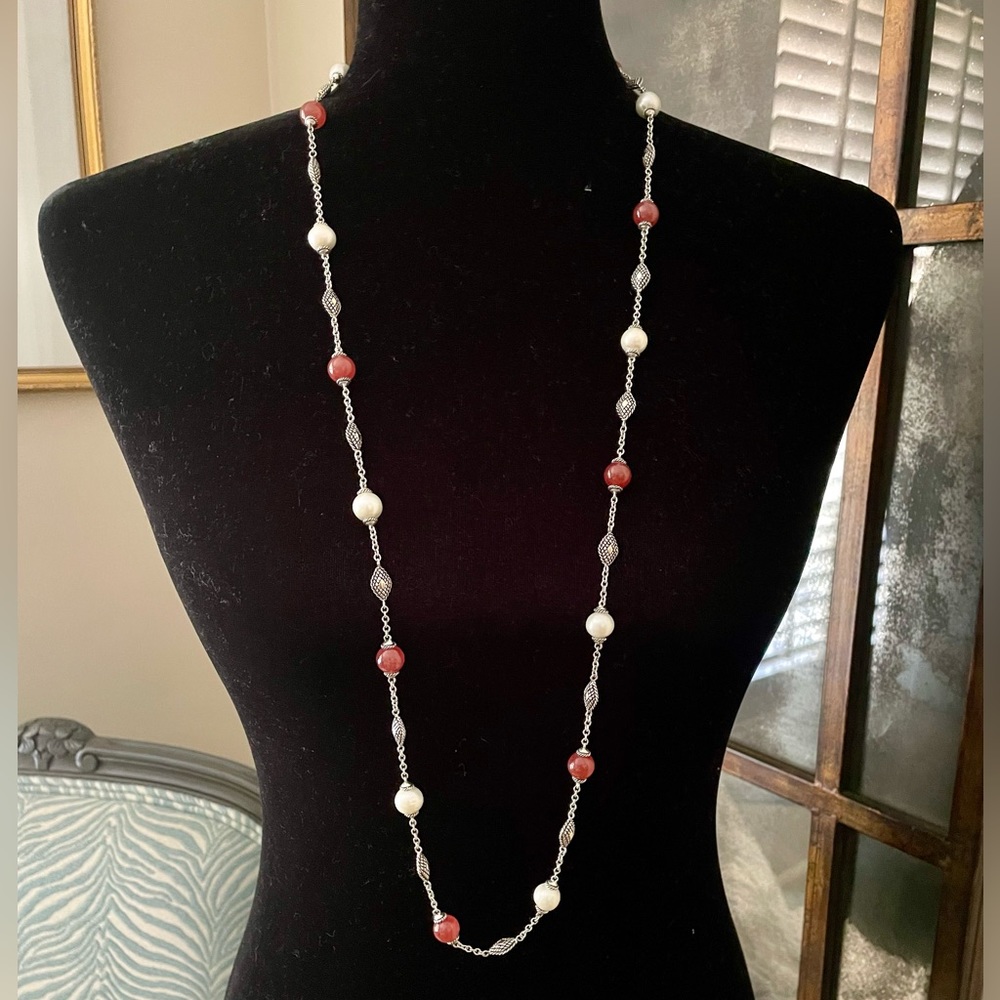 ANDREA CANDELA Pearl and Red Jade Sterling Silver/18K Necklace